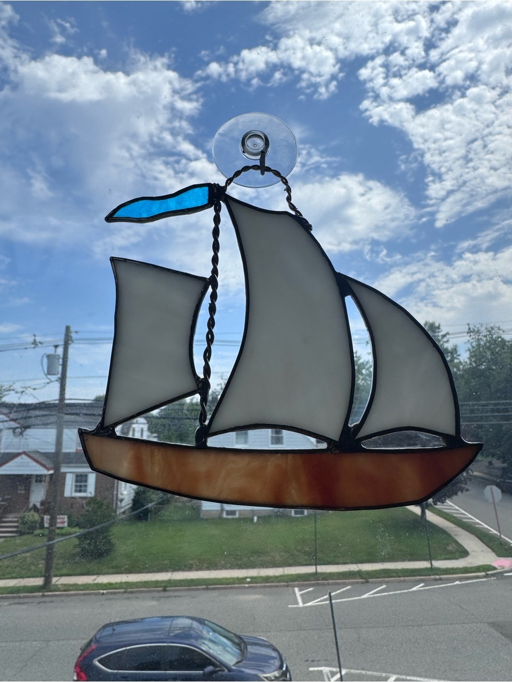 Stained Glass Sailboat Window Hanging - White, Brown & Blue